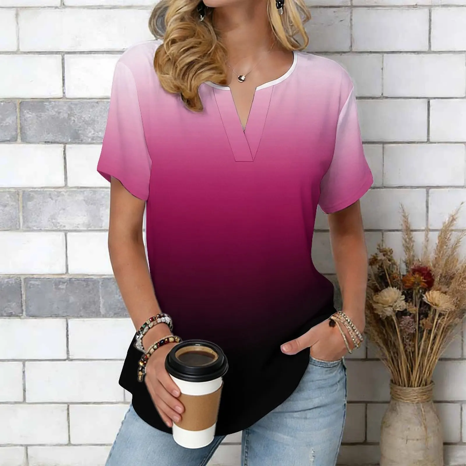 Women Print Notched V Neck Short Sleeve Casual Loose Tunic Tops