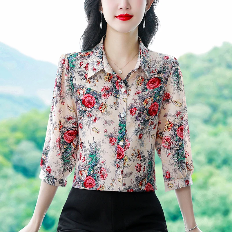 Turndown Collar Chiffon Shirt 2024 Spring Summer Women Blouse New 3/4 Single-breasted Floral Printed Tops