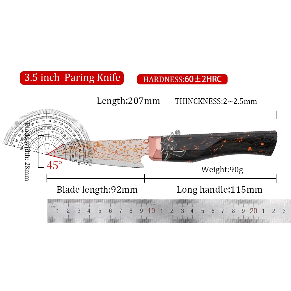 YAN Japanese 77 Layers Rainbow Damascus VG10 10Cr15CoMoV Paring Kitchen Knife Copper Bolster Carbon Fiber Handle