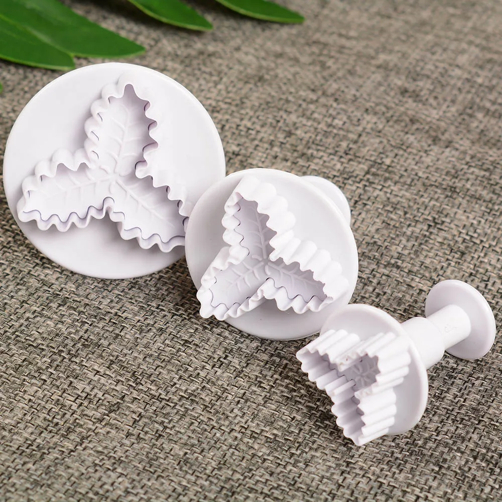 Holly Leaf Cookie Cutter Christmas Three Biscuit Embossing Mold Plastic Baking Mould DIY Cake Decoration Tools