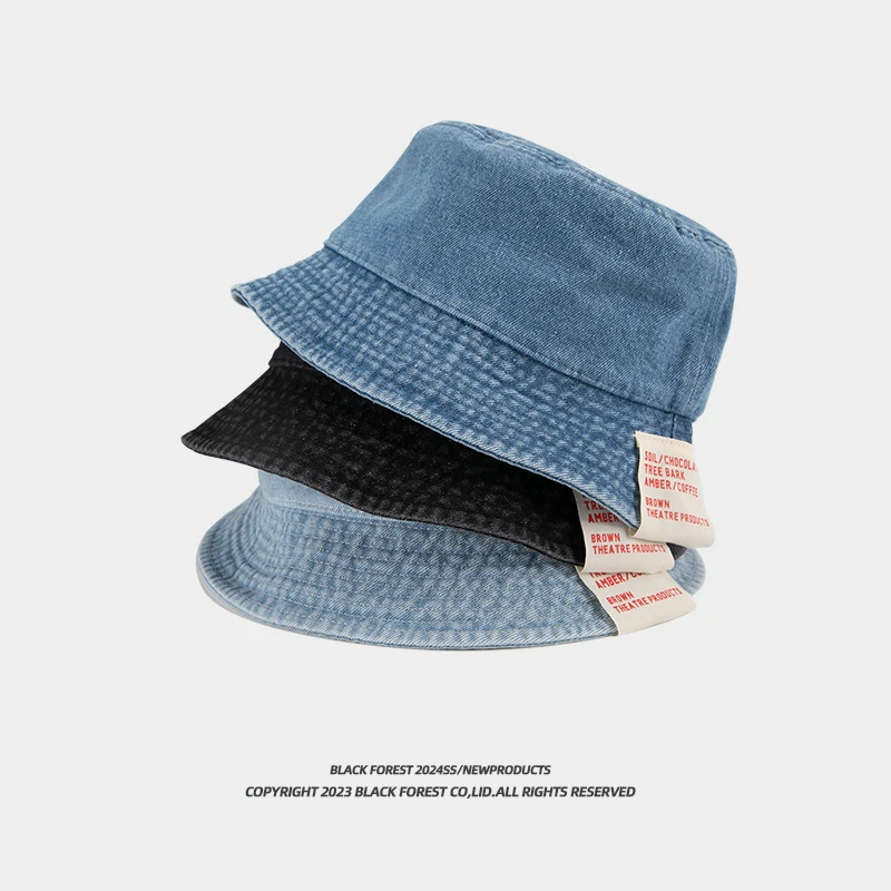 2024 New Washed Denim Blue Bucket Hats for Women Summer Sunshade Sunscreen Japanese Retro Sticker Casual Men\'s Basin Caps