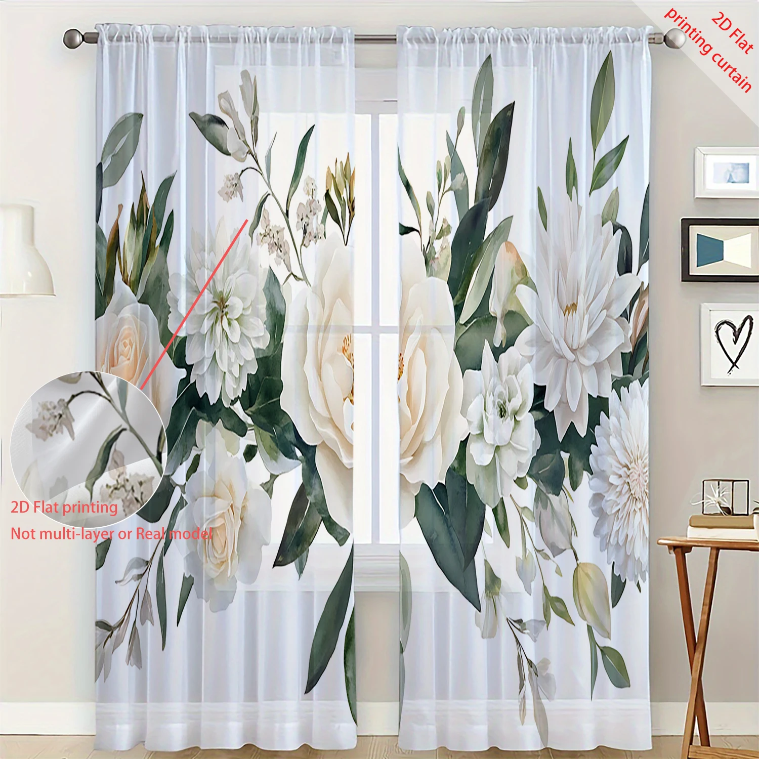 2 Pieces HD Digital Green leaves and white flowers Printed Window Screen Home Decor Style Decoration Living Room Bedroom Rod