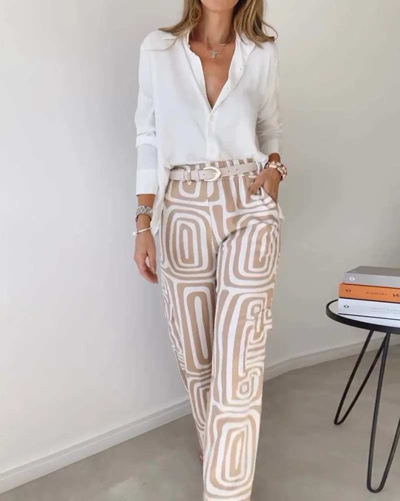 

Casual Shirt Pants Two-piece Set For Women Fashion Outfit Autumn Long Sleeve Button White Shirts + Print Treasures 2 Piece Set