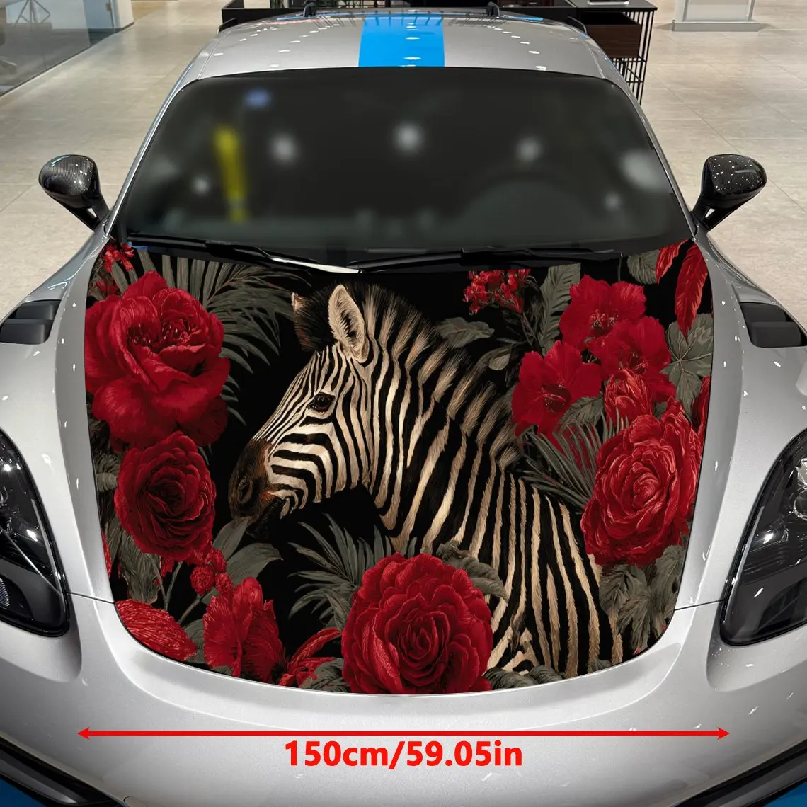 Car Decal Zebras with Red Floral Artistic Background & Ferocious-Vivacious Aesthetic Car Hood Sticker, Waterproof Self - Adhesiv