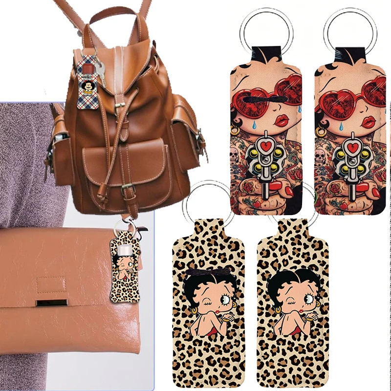 B-Betty Boop-P Fashion Clip on Lipstick Holder Keychain Print Cartoon Keyring Trendy Lip Balm Key Chain Bag Charms Accessories