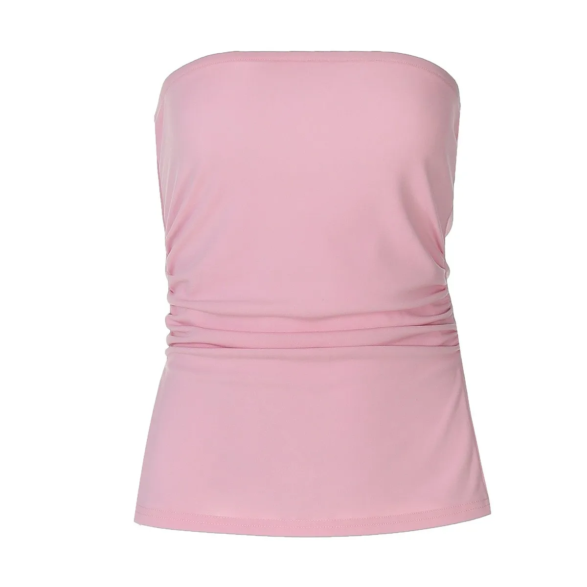 Women Summer Crop Top Y2k Pleated Slim Fit Solid Color Strapless Bandeau Top Ruched Front Pastel Pink Tube Top Lemon