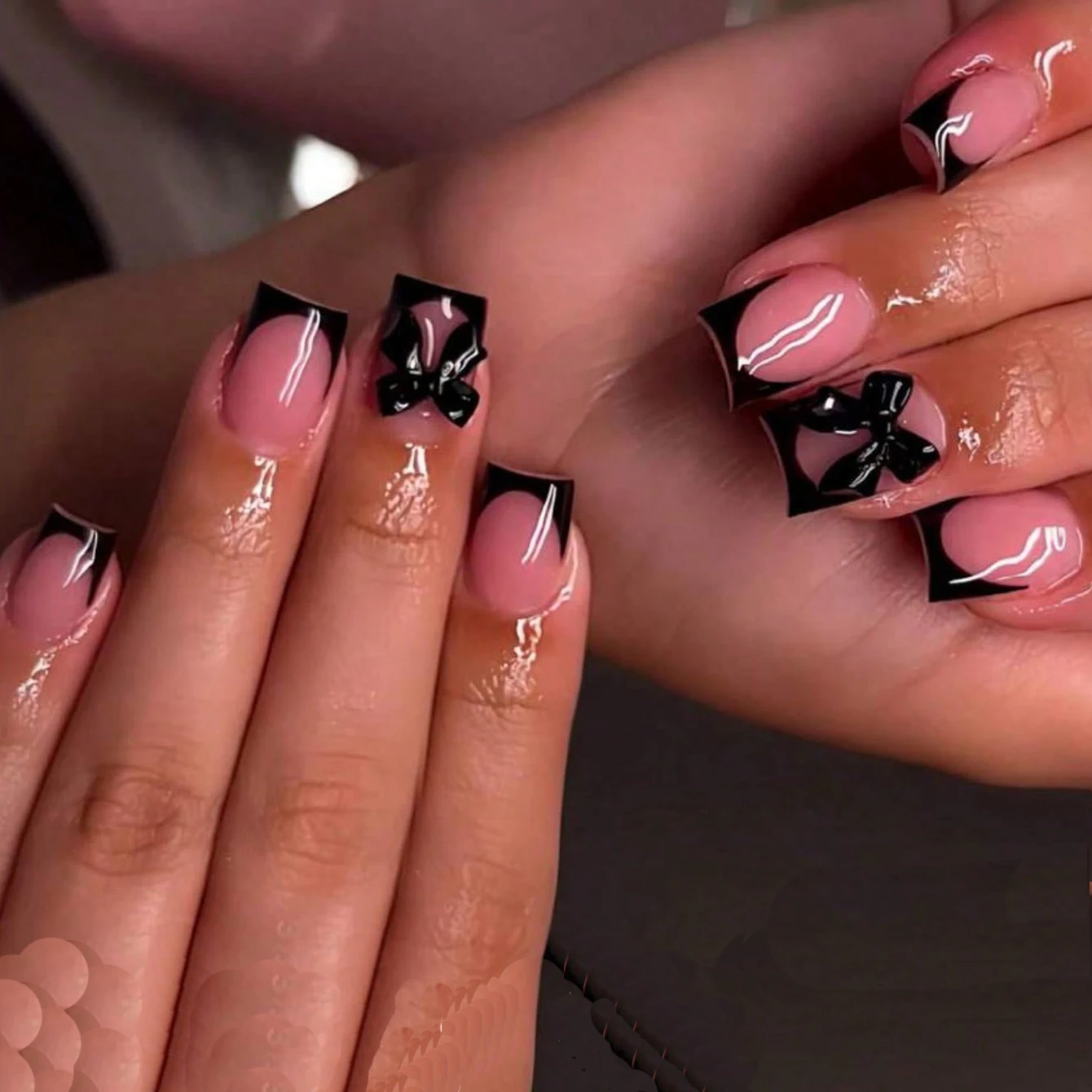 24PCS Pressing Style Nail, Square Shaped Fake Nail, Black French Fake Nail With 3d Bow Design, Acrylic Nail, Delicate Artificial