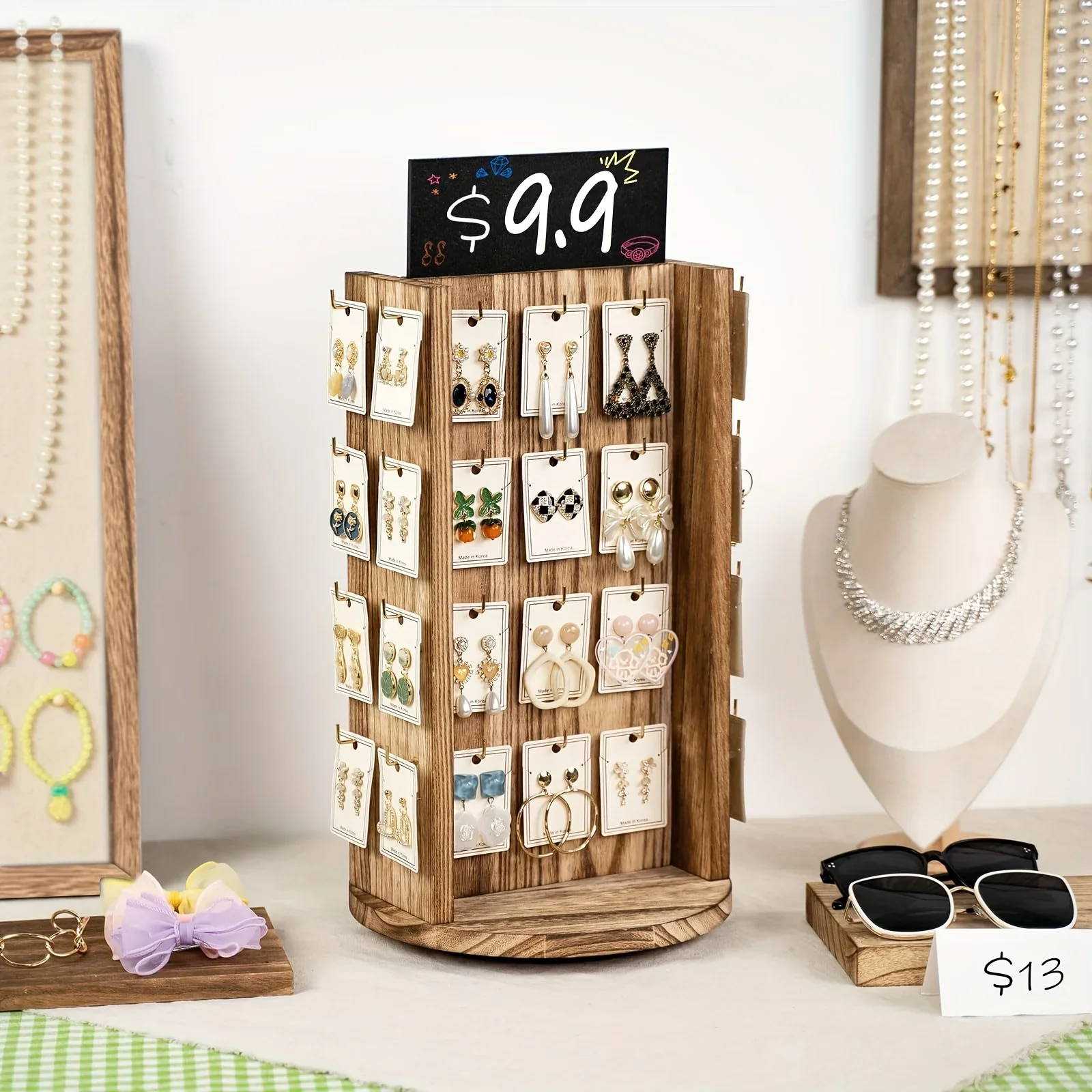 Rustic Solid Wood Rotating Earring Display Stand with Billboard