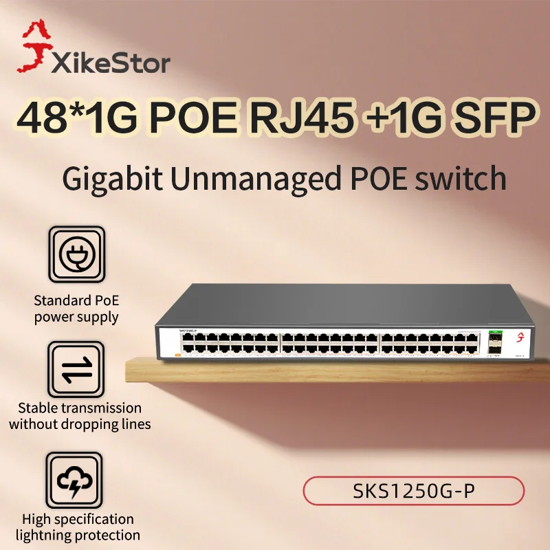 XikeStor 50 Port Gigabit POE Switch 1000Mbps dengan 48-Port RJ45 dan 2-Port SFP+ Ethernet Switch 800W Plug and Play