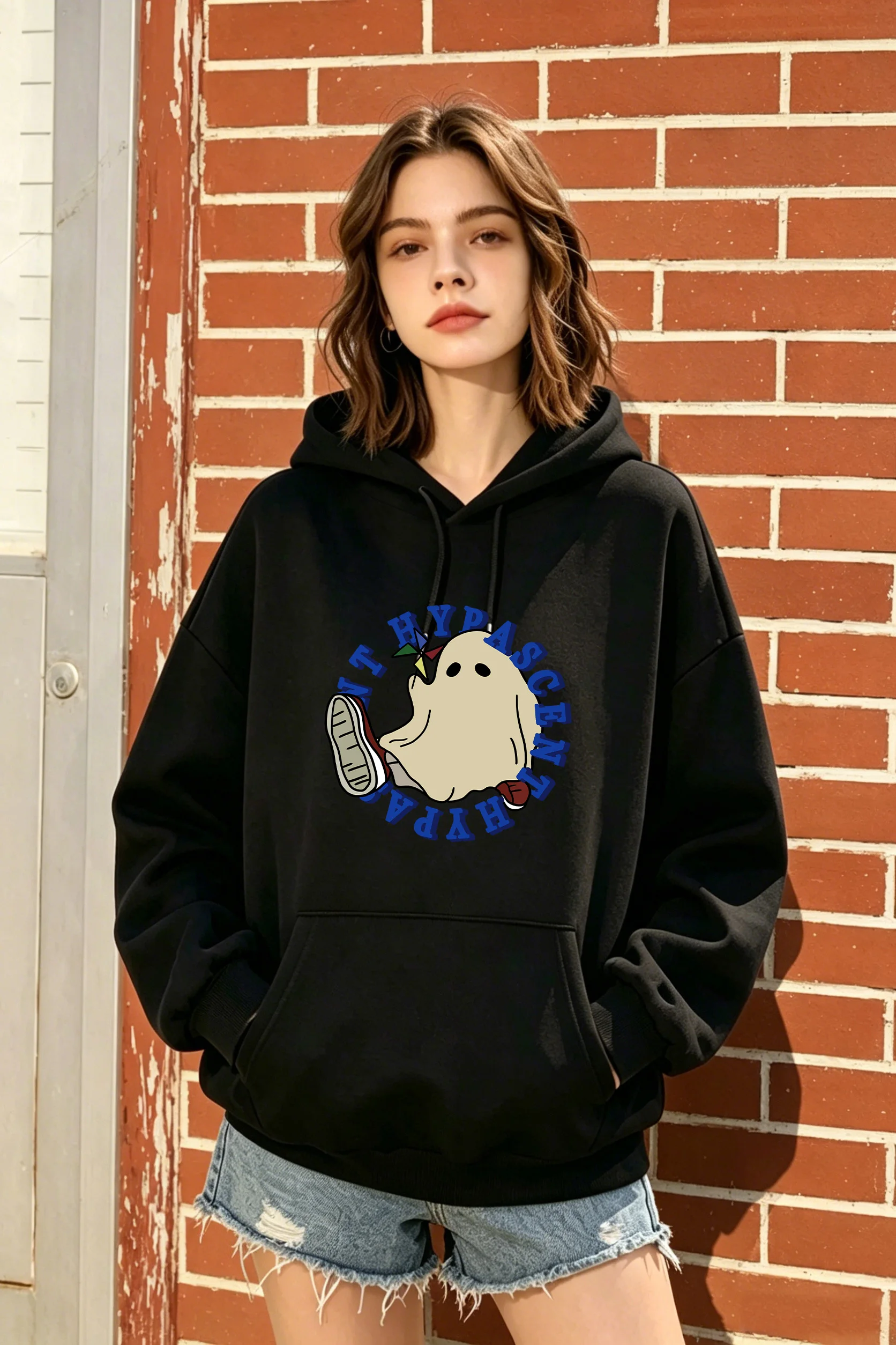 

Women's Black Oversized Hoodie with Funny Ghost Print, Casual Cozy Top for Fall & Winter, Available in Black/White/Grey