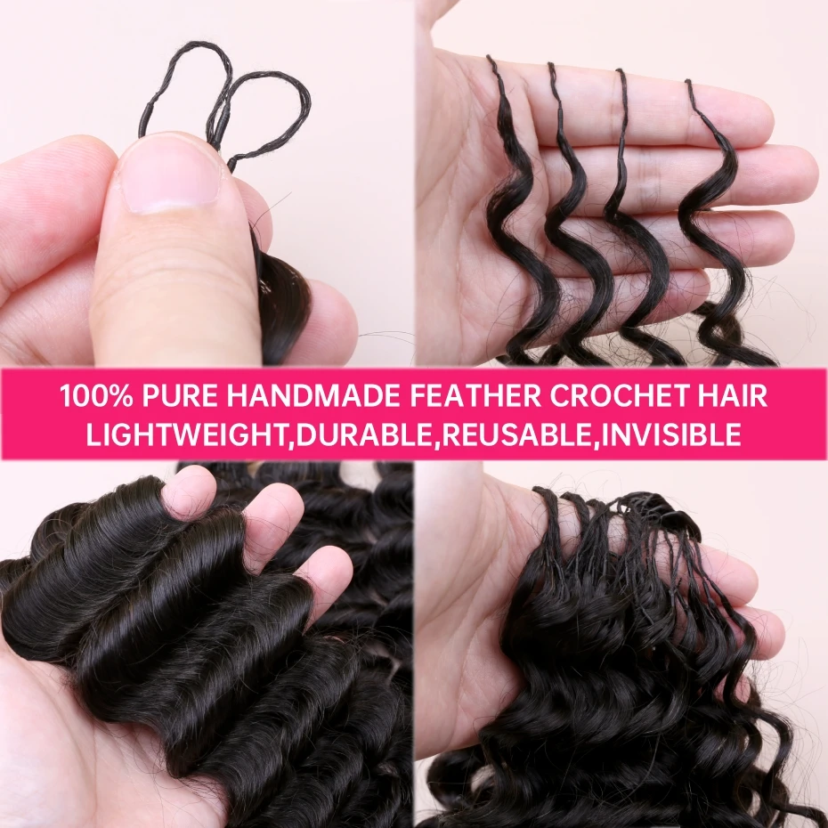 Deep Wave Human Hair Crochet Extensions 1B Natural Black Knotless Pre-Separated Feather Crochet Hair Loose Wave Bulk Braiding Hair No Weft Soft Real Human Hair Invisible Miracle Knots Boho Braids Remy Hair Extensions for Women Ladies - view 5