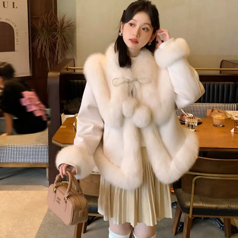 

2024 Korea Faux Fur Wollen Woman Coat Winter Chic Faux Fur Collar Thick Warm Chic Ladies Cute Lace Up White Coat Jacket Outwear