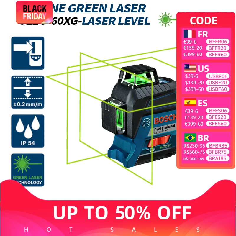 BOSCH GLL3-60XG 12 Lines Laser Level Green 3D Level Self-leveling 360 Horizontal & Vertical Cross bosch Measuring Tool