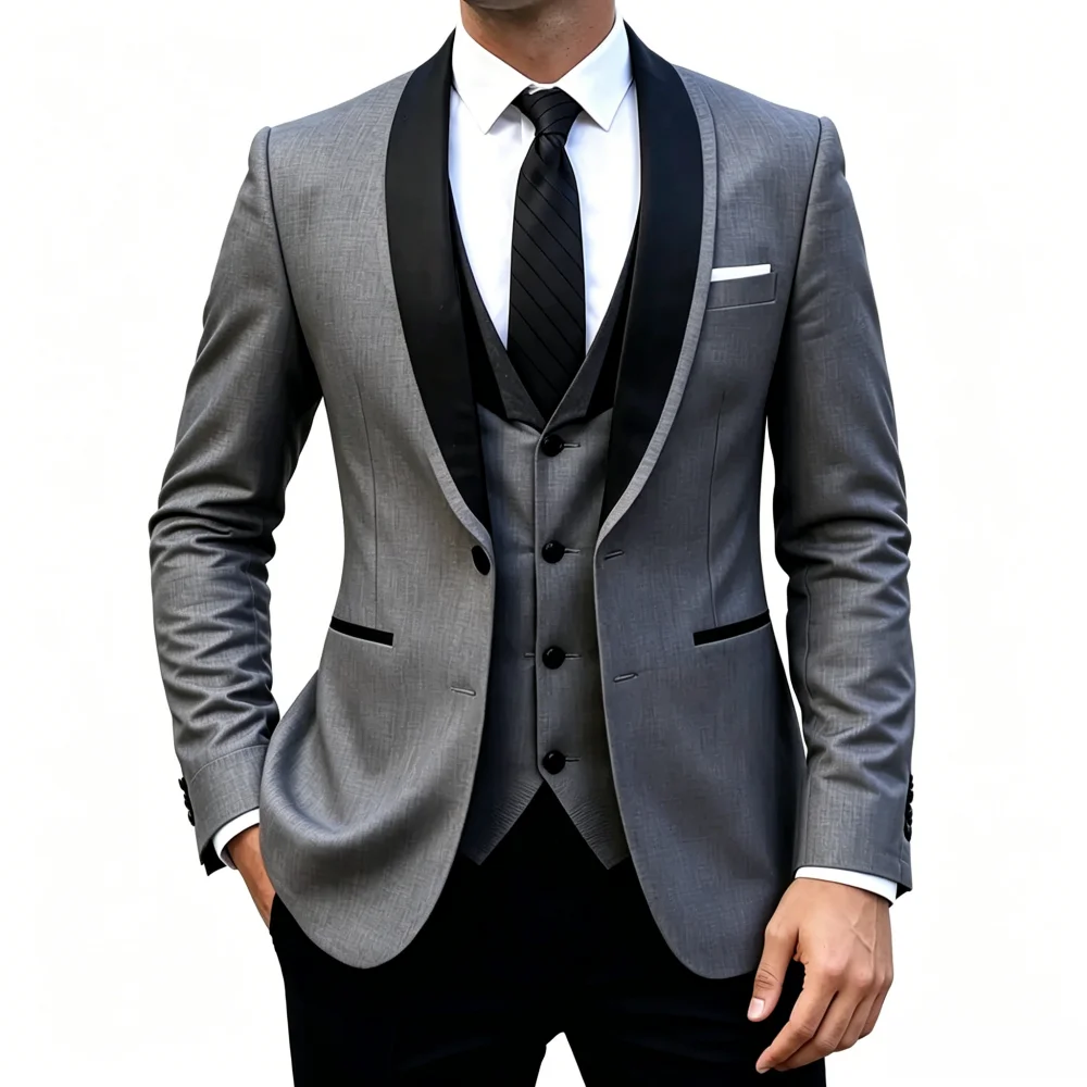 

Classic Shawl Lapel Tuxedo Suit Men 3 Pieces Formal Slim Fit Wedding Groom Suit Blazer+Vest+Pants Business Evening Party Outfit