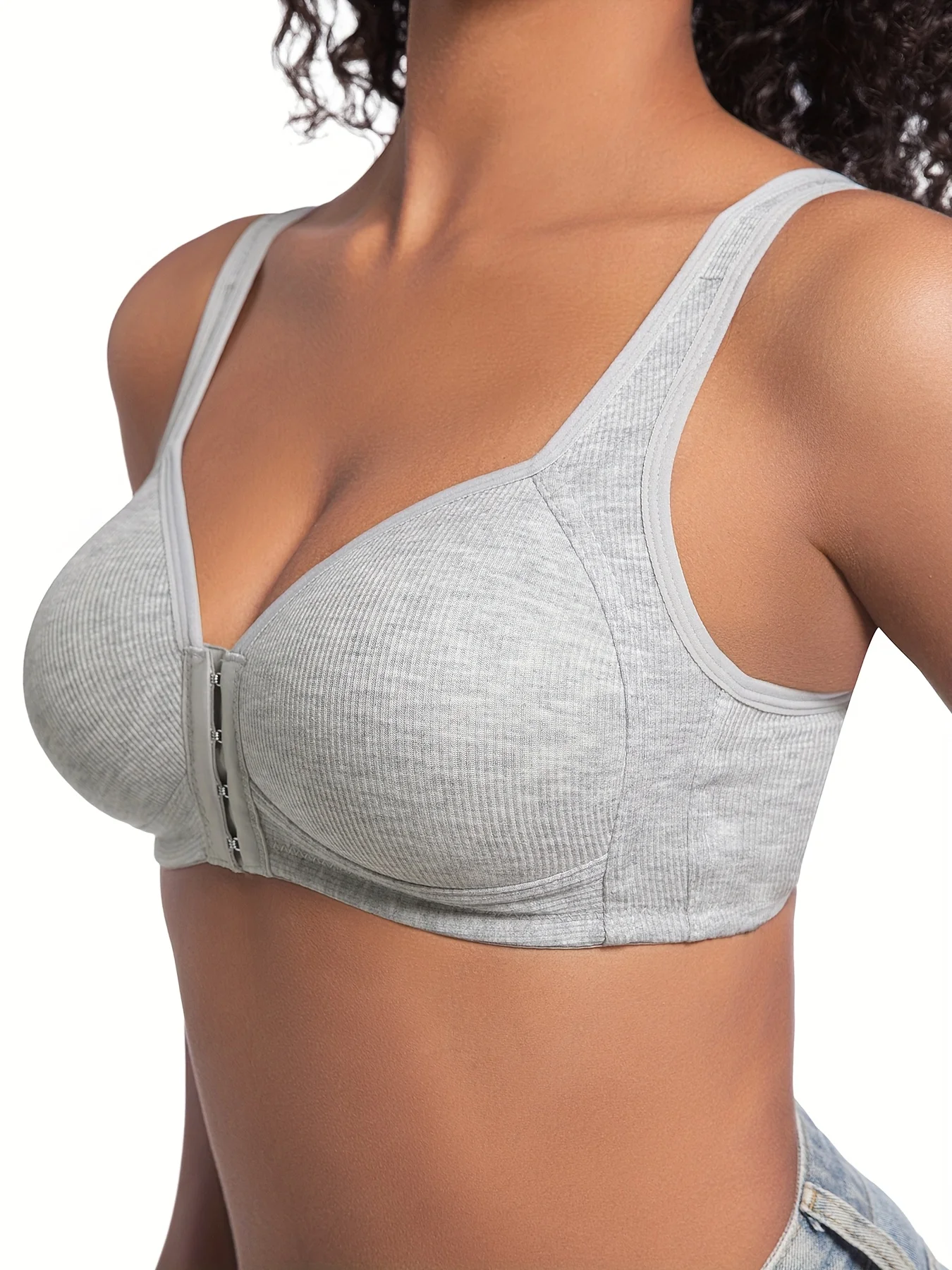Damen-BH ohne Bügel, Vorderverschluss, einfarbig, vollständige Abdeckung, feste Körbchen, rückläufig für mittlere und ältere Menschen, individuell – Detail 21