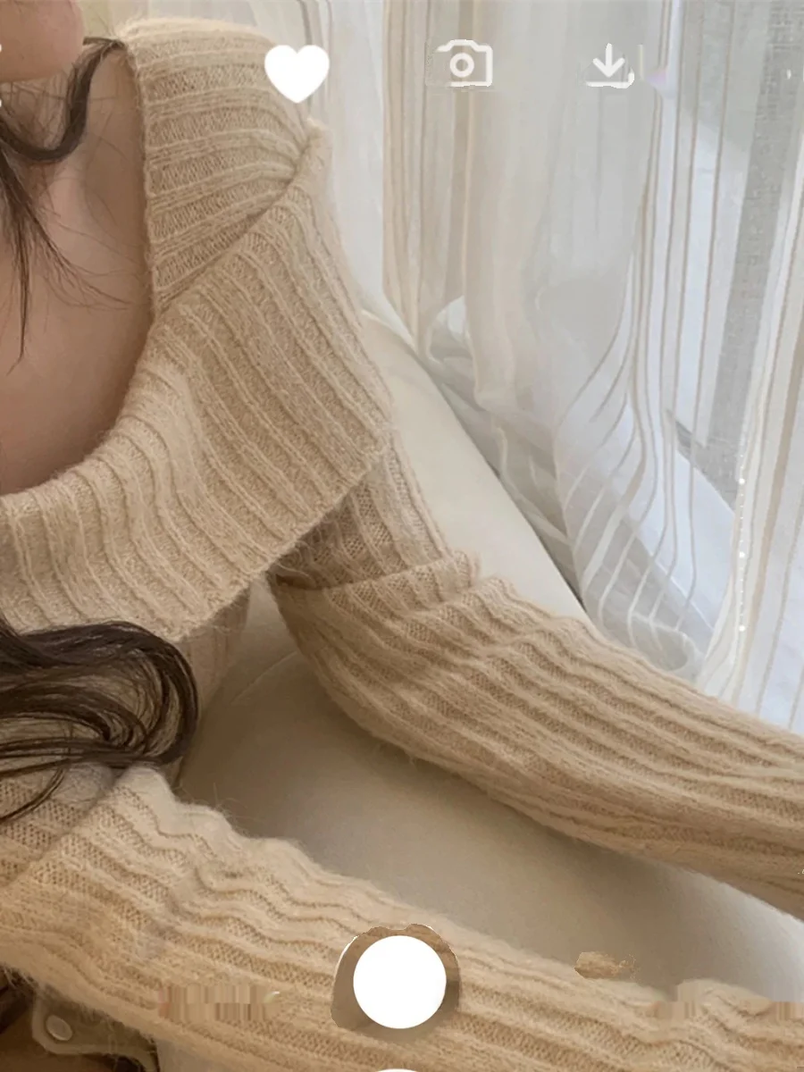 Real Shot ◆ Pure Desire French sle off-Shoulder Design Sense off-Shoulder Sunken Stripe Slim fit Knit sweater Cardigan