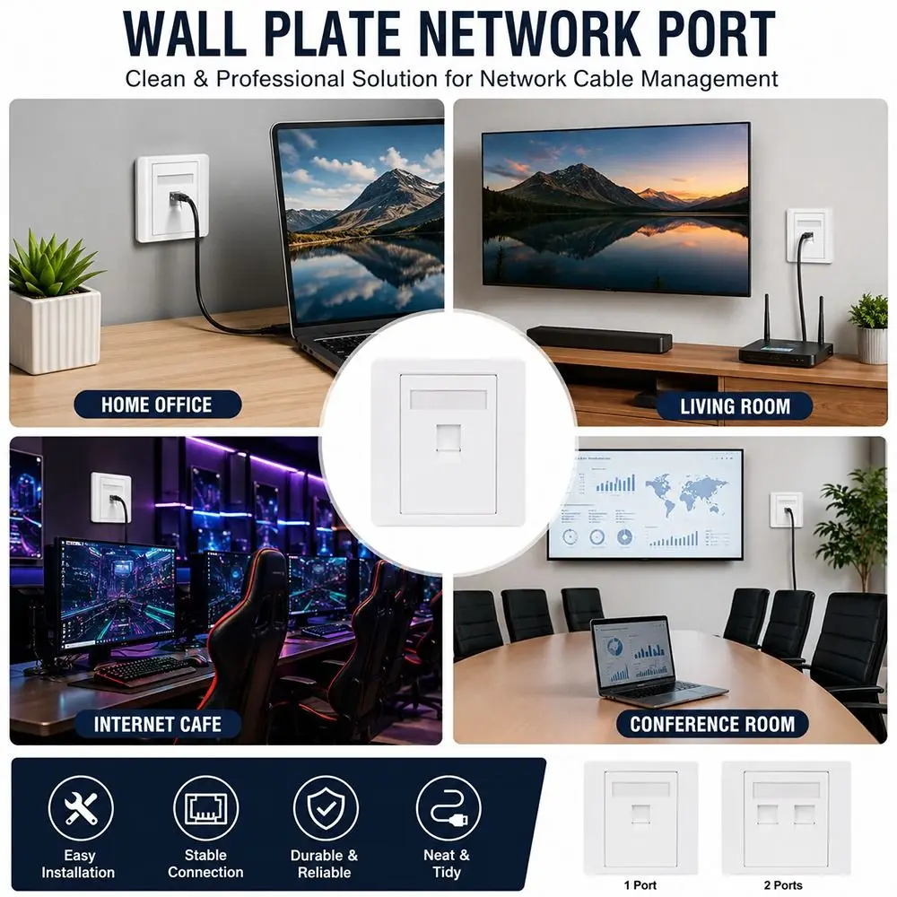 1Pcs 86 Type Network Wall Panel 1/2/3/4 Port RJ45 Connector LAN Ethernet Cable Interface CAT5E CAT6 CAT6A CAT7 CAT8 8.5x8.5cm