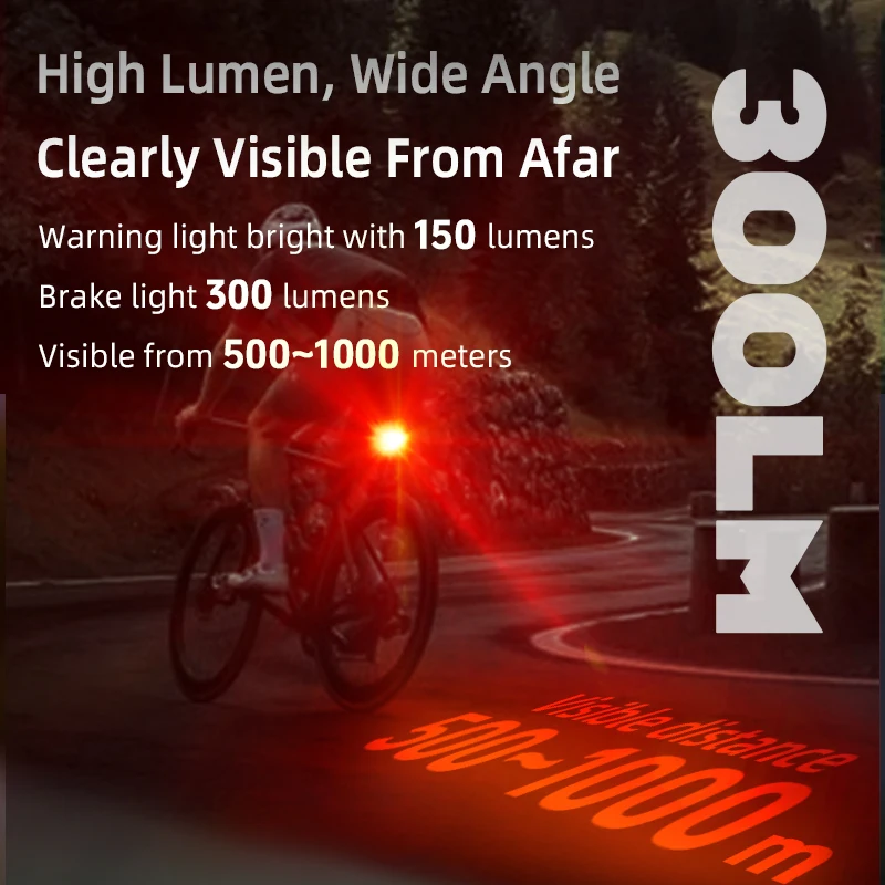 300 Lumen Bike Light Rear Lamp Brake Sensing Outdoor Cycling LED Rechargeable IP66 Waterproof Bicycle Tail Light