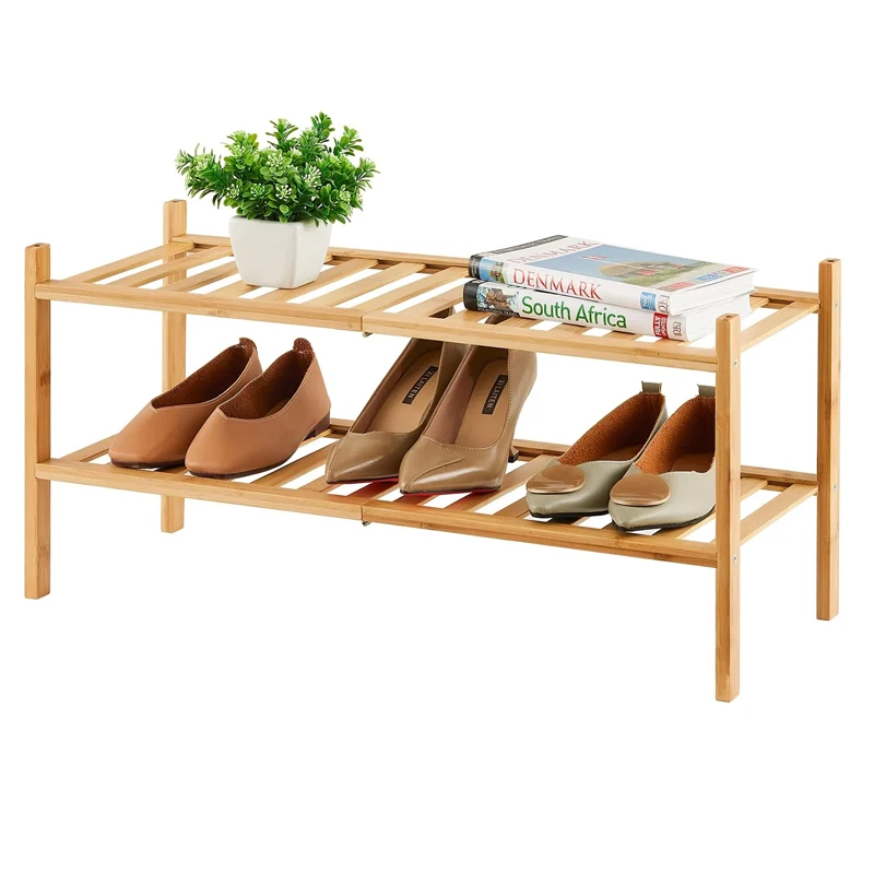 2-Tier Bamboo Shoe Rack for Entryway Stackable Foldable Shoe Organizer for Hallway Closet, Free Standing Shoe Rack for Indoor