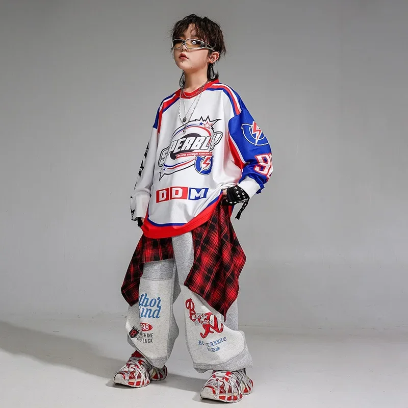 Jongens hiphop toneelkostuum witte letter top grijze broek kleding meisje van 10 tot 12 jaar Street Dance outfit meisjes Kpop dansset
