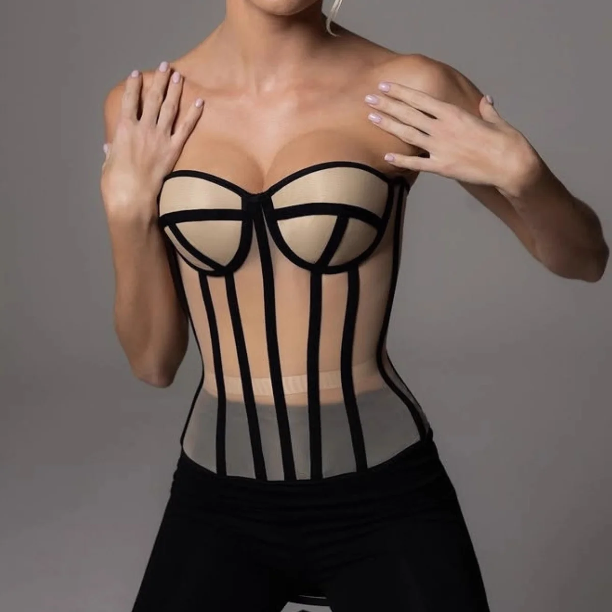 

Perspective Mesh Corset Bustier Waist Trainer Lace Up Fit Tube Tops Summer Women Sexy Corsets Camisole Vest Slim Short Tank Top
