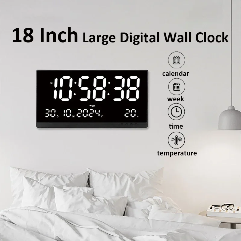 21 Inch Large Digital Wall Clock USB Powered Time Calendar 12/24H Time/Day/Month/Year/Temp Display Electronic LED Alarm Clock