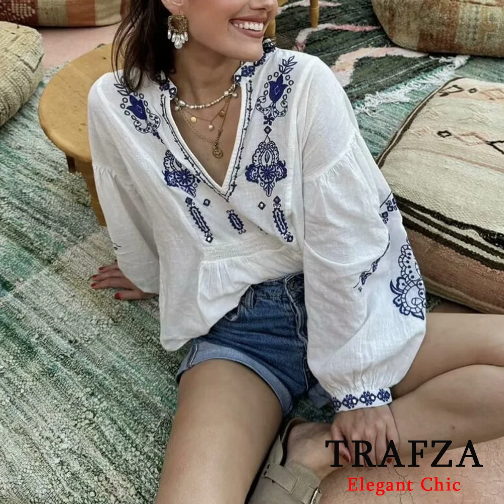 TRAFZA Casual Luxury Beaded Embroidery Shirt Women\'s V-neck Loose Elegant Tops New 2024 Spring Fasion Vacation Shirts