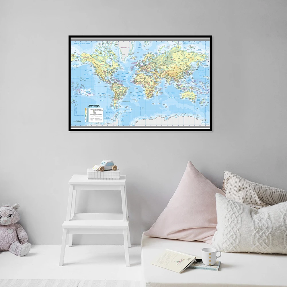 The World Map in Spanish Vinyl Decorative Background Wall Decor Canvas Print Bedroom Office School Educational Supplies 59x42cm