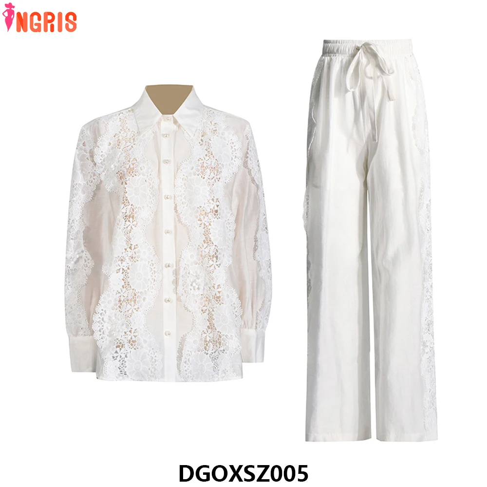 Nueva moda, camisa informal holgada con bordado de encaje, pantalones, traje de dos piezas para mujer-DGOXSZ005