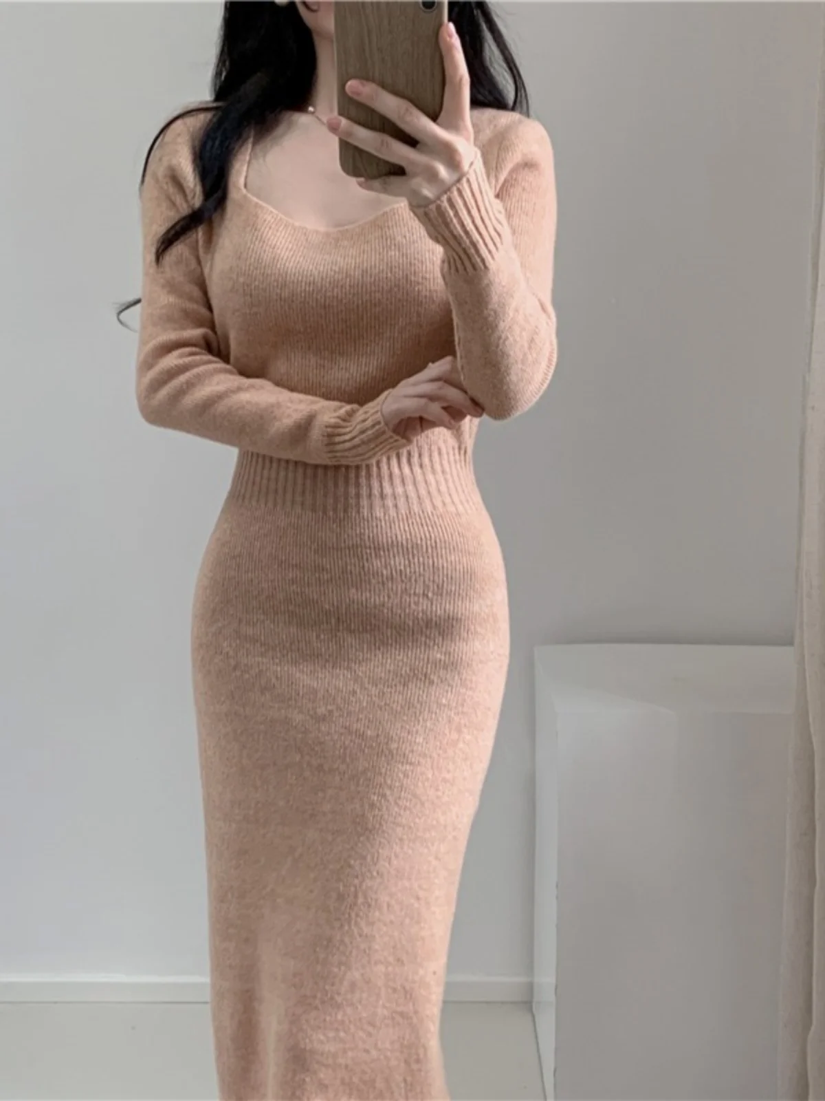 Emagrecimento de malha longa dr gola quadrada camada base camisola dr feminino outono inverno coreano sle cintura alta bodycon saia