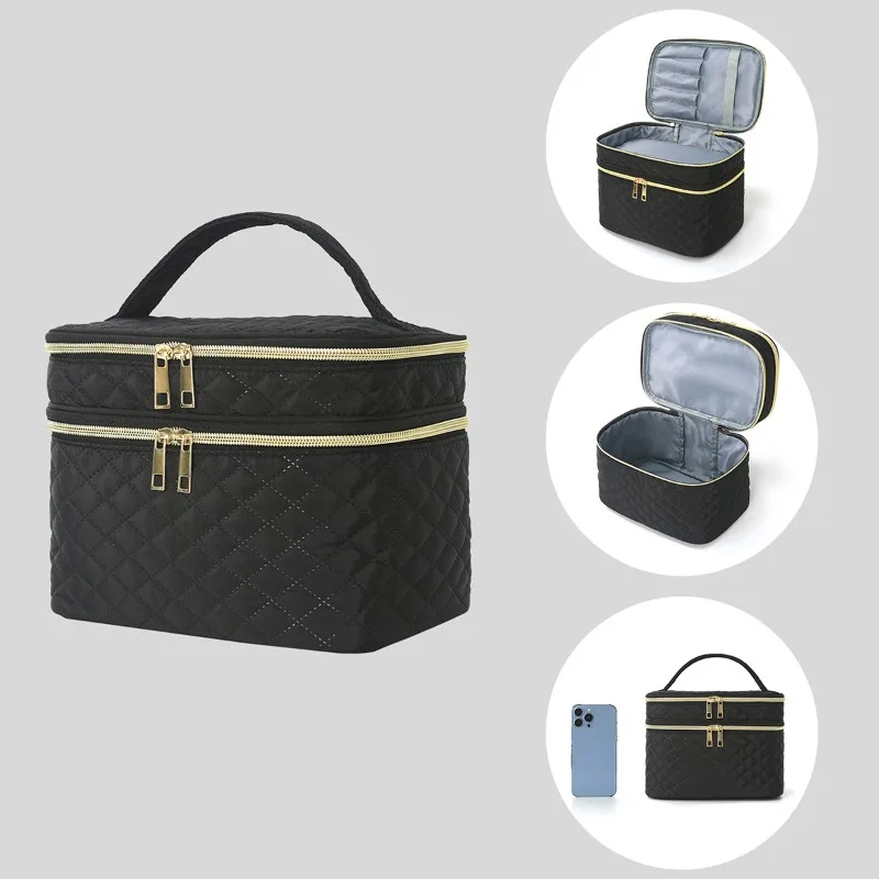 

Double Layer Travel Makeup Bag Large Capacity Portable Toiletry Organizer with Handle Waterproof Cosmetic Storage Case