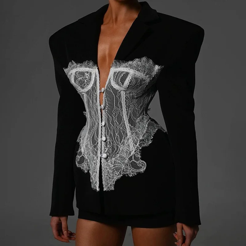 Celebrity High-end Lace Splicing Fish Bone Waist Suit Spring New V-neck Long-sleeved Solid Color Jacket Women' Exquisite Leisure