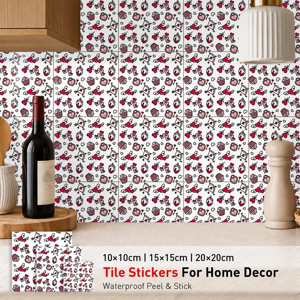 Cupid Hearts Tile Stickers Waterproof Peel and Stick Self Adhesive Oil Proof Backsplash Decals Floral Wallpaper for Homely Decor