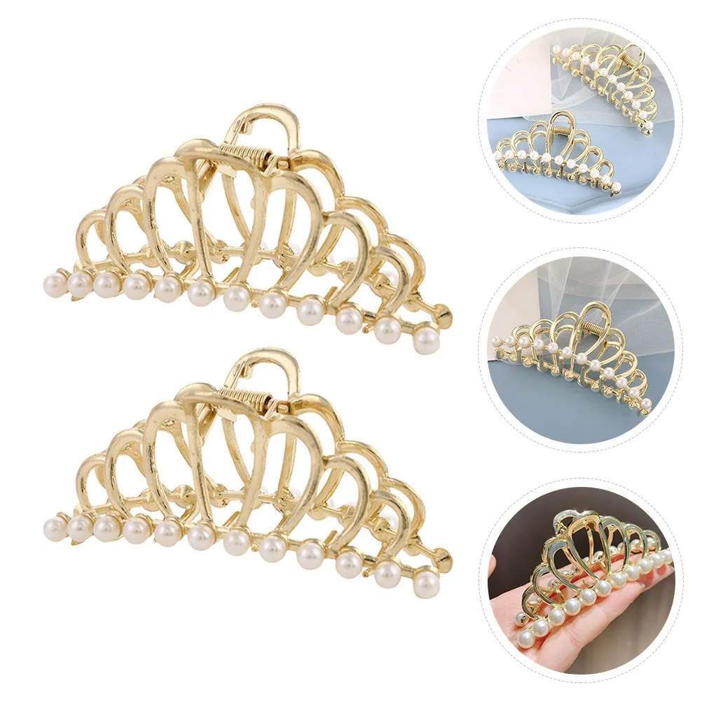 Crown Hair Claw Clips 2 Pack Pearl Metal Jaw Barrettes Ponytail Holders for Women Party Travel Gift