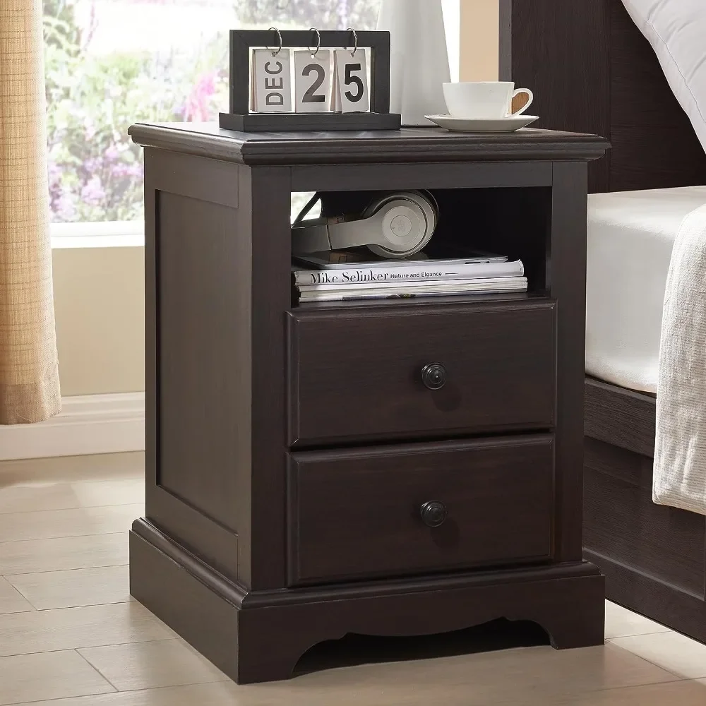 Nightstand with Charging Station, Wood Sofa Side Table with 2 Storage Shelf Drawers, 18 Inch Nightstand