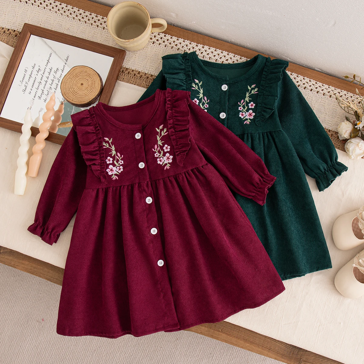 Baby Dresses Spring And Autumn Cotton Solid Color Flower Embroidery Long Sleeved Baby Girl Dress Cute And Sweet Baby Clothing