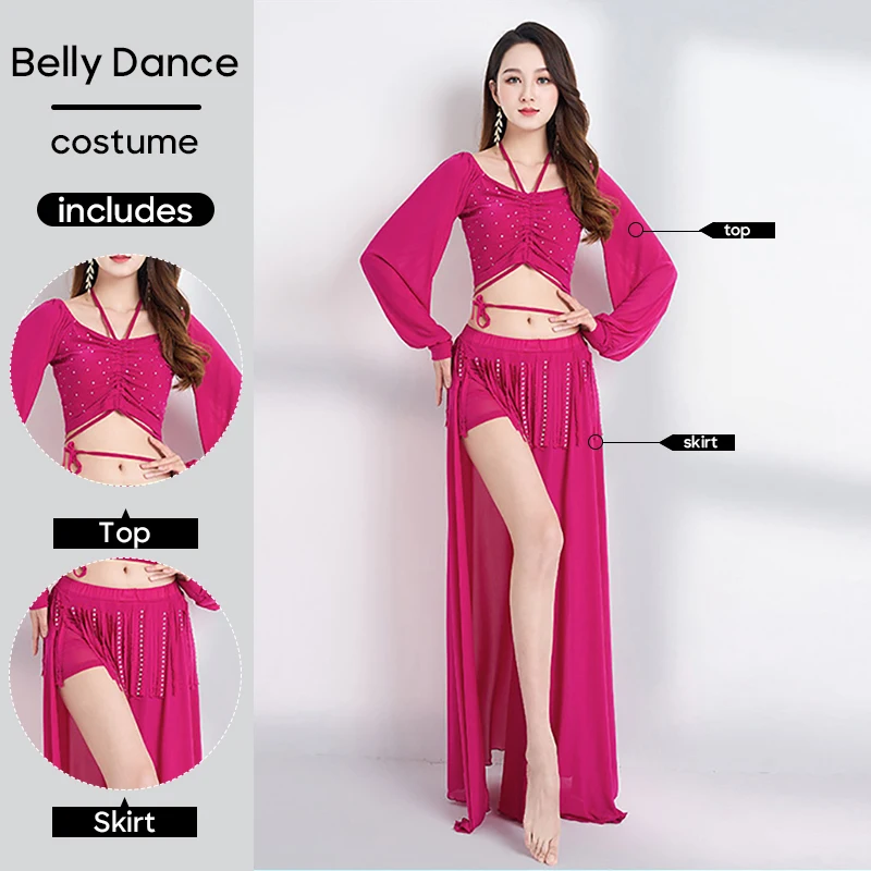 Belly Dance Costume Skirt & Top 2 Pcs Set Long Sleeves Fringed Skirts Outfit For Adult Women Stage Performance Practice Clothes