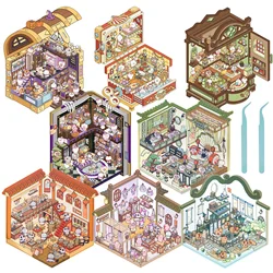 12/8Pc DIY 3D House Stickers Set Cartoon Miniature Scene Stickers Painting Stacking and Pasting Hand Account for Kid Girl Gifts