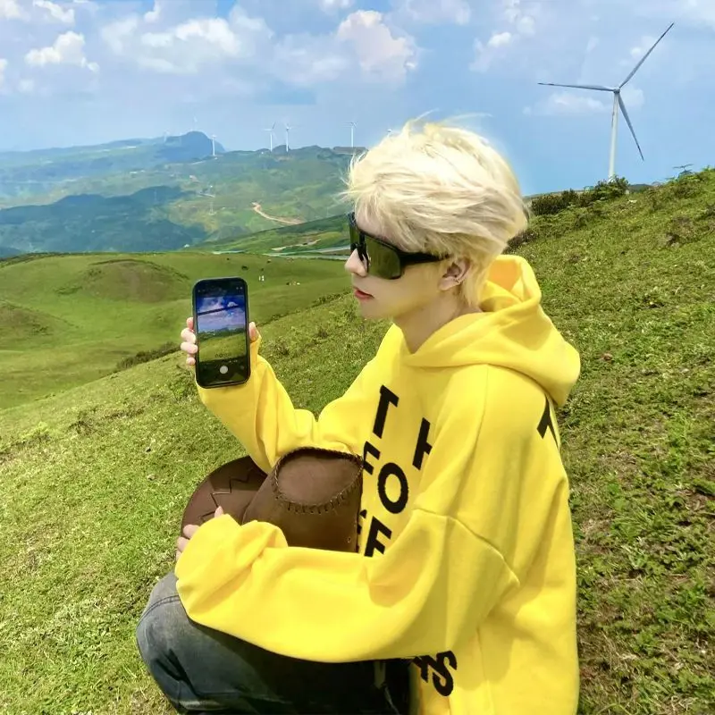 

Male Hoodie Yellow Designer Clothing Deals 90s Vintage Cheap Cotton Novelty and No Brand New in Men's Hooded Sweatshirt Letters