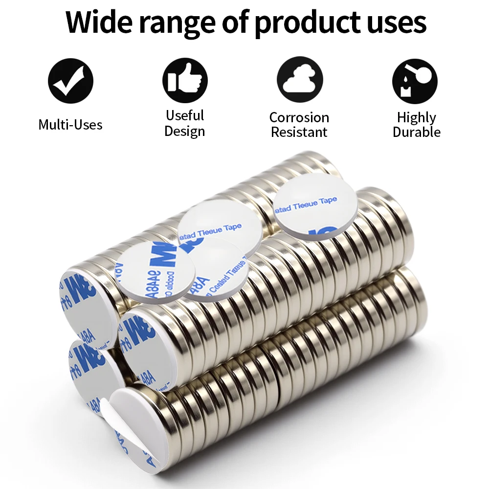 Anti Corrosion Metal Magnetic Durable Neodymium Magnet Disc 15x3mm with Double Sided Adhesive for Kitchen Cabinet