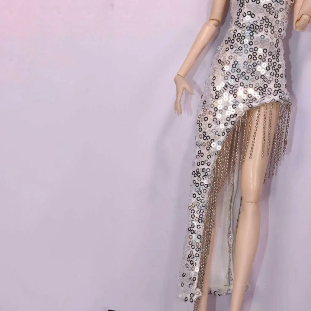 New Fabric Fashion Dress Sequined Asymmetrical Hem Evening Gown High Heel Shoes Strapless Style Clothing Set Role Play