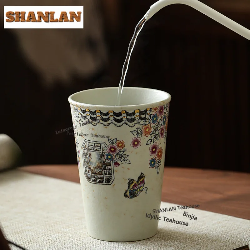 350ml Caramel Glaze Flower Butterfly Straight Cola Mug Bubble Teacup Cold Hot Water Jug Household Office Water Cup Tea Services