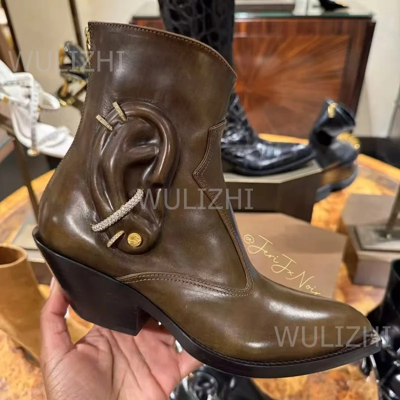 

Crystal Ear Metal Buckle Brown Boots Calf Style Vintage Low Heel Zipper Black Leather Calf Booties Pointed Toe Cool Shoes Women