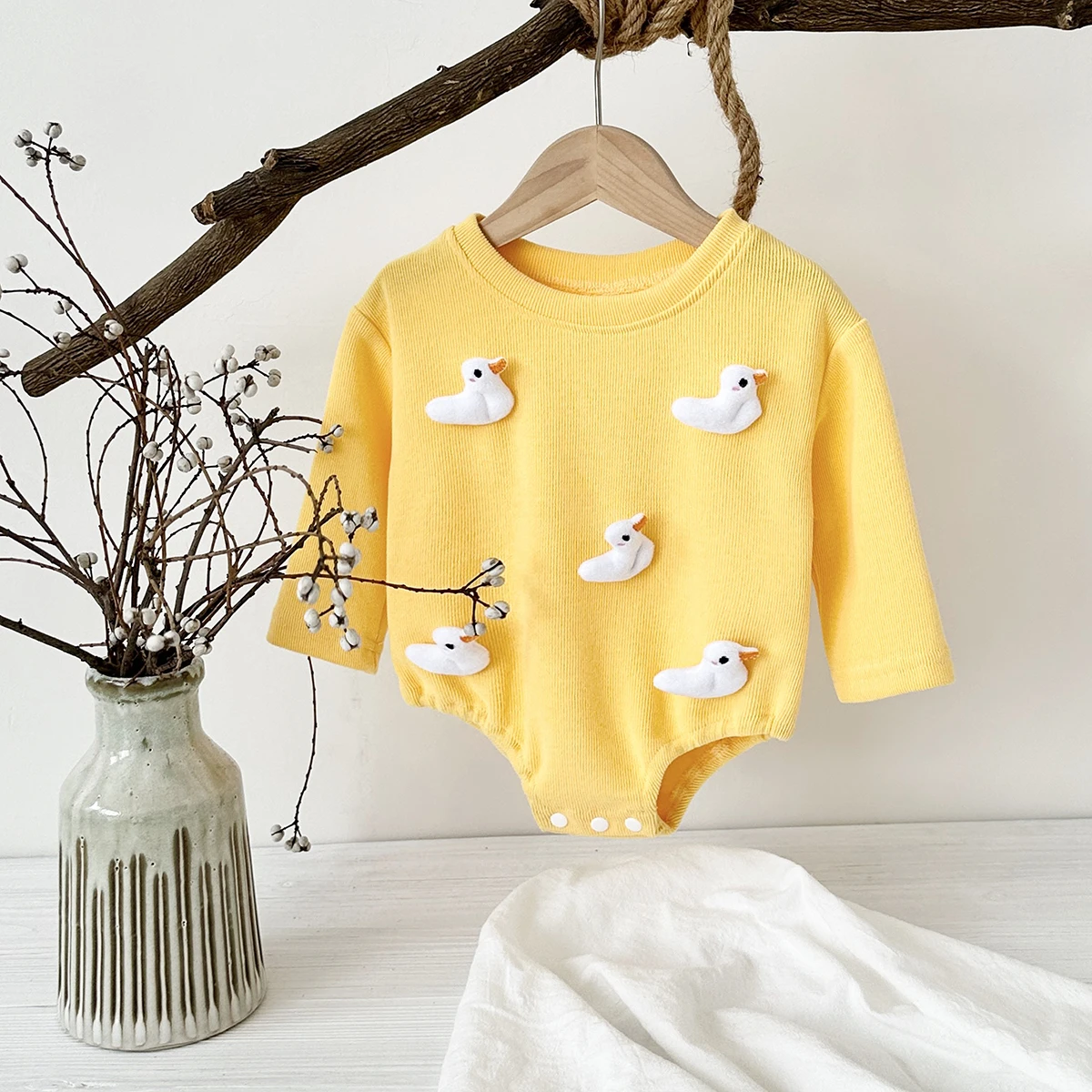 0-18M Infant Boys Baby Girls Sweatshirt Bodysuit Triangle Bubble Romper Cute Cartoon Duck/Mushroom Fall Warm Newborn Clothes