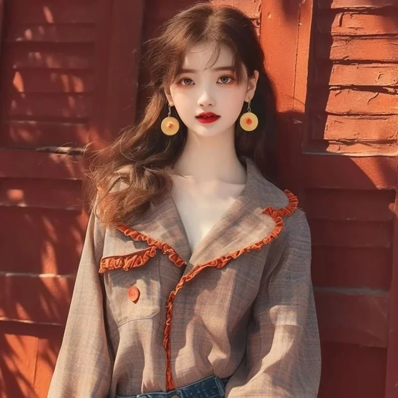 

Vintage Women's Blouses Spring/summer New Plaid Loose Fit Tops Long Sleeves Korean Clothing Sales Patchwork Women Shirts