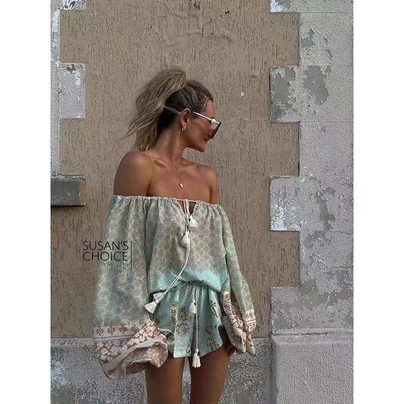 Susan Holiday Sle ey a Print One Oulder Lantern Sve Top Orts Set Damen Faionable Zweiteilige Frühlingskollektion