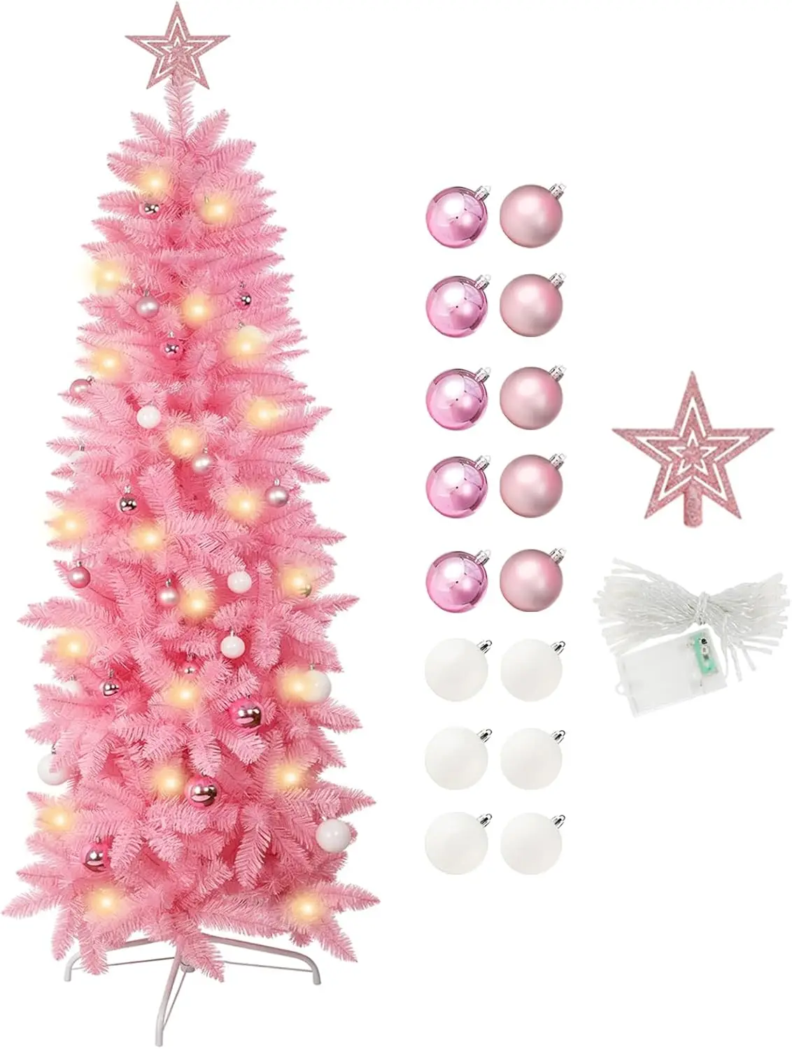 

Artificial Pencil Christmas Tree with Warm LED Lights, 8 Modes, Pink, 5ft