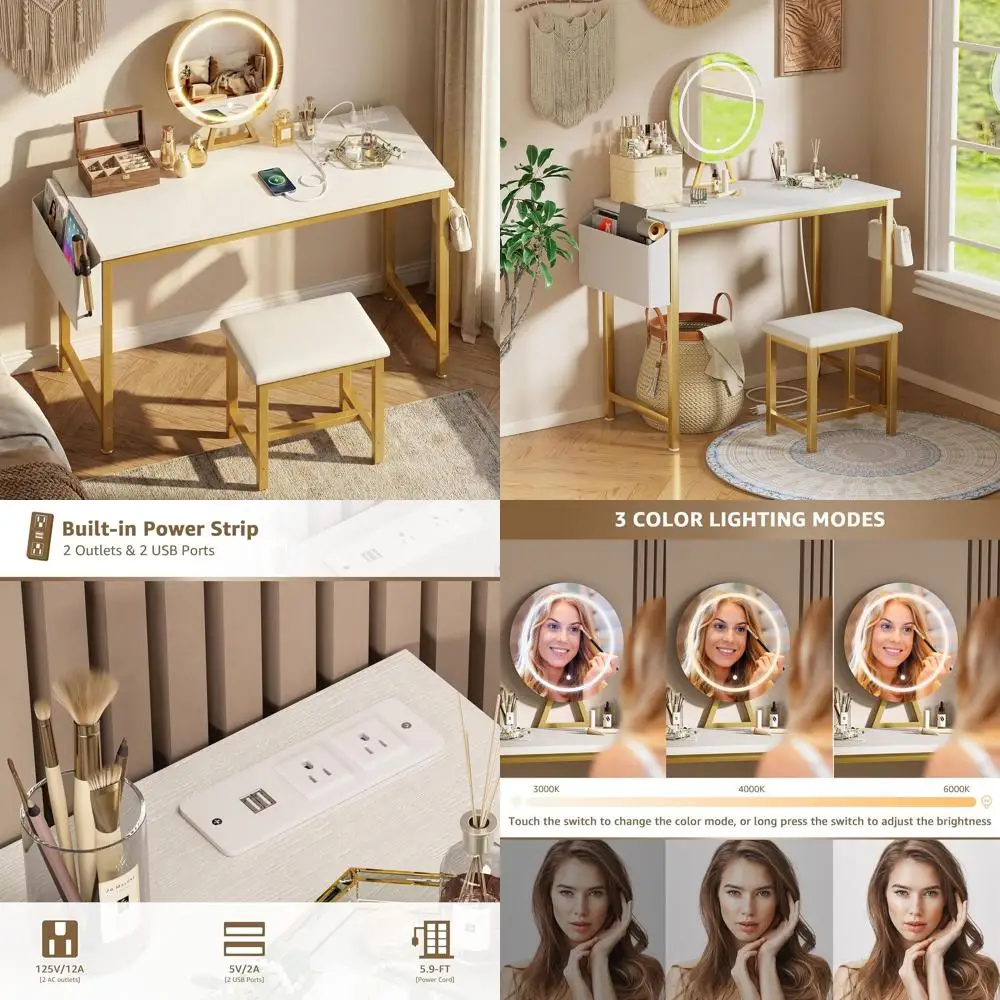 

Makeup Vanity Set with Mirror, Stool, Lights, and Power Outlet, 40 White Makeup Dressing Table with Chair for Kids or Bedroom