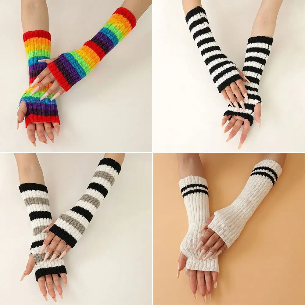 

1Pair Warm Half Finger Gloves Fashion Striped Windproof Arm Sleeve Knitted Gloves Winter