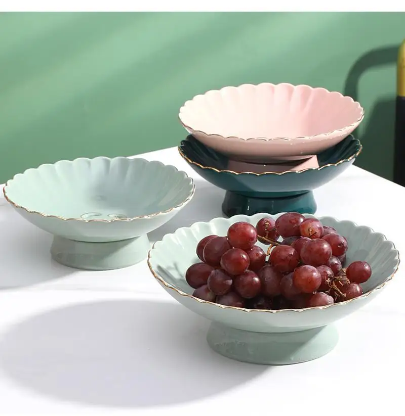 Household Ceramic Draining Double-layer Fruit Plate, Living Room Nut Plate Ornaments, Lace High-footed Refreshment